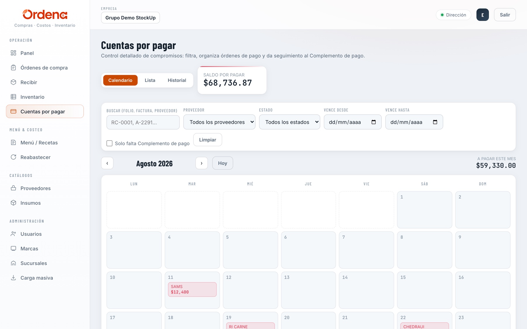 Calendario de cuentas por pagar